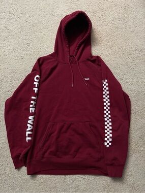 Vans Men's Maroon Crewneck Hoodie with White Checkerboard and Sleeve Logo